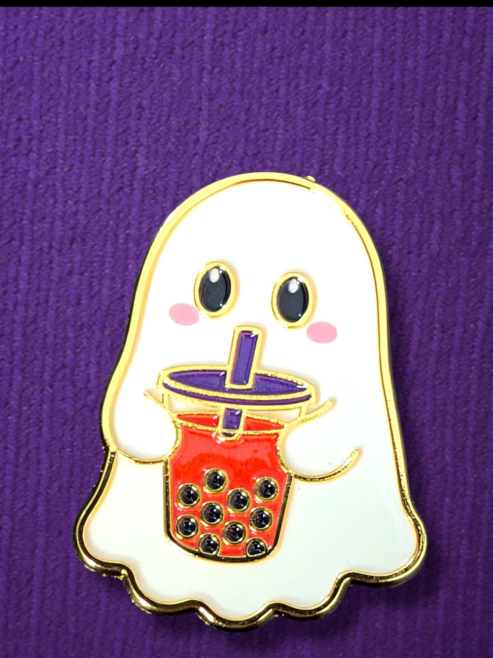 Cute White Ghost Enamel Pin with Orange Bubble Tea 👻 Cute Halloween Accessory
